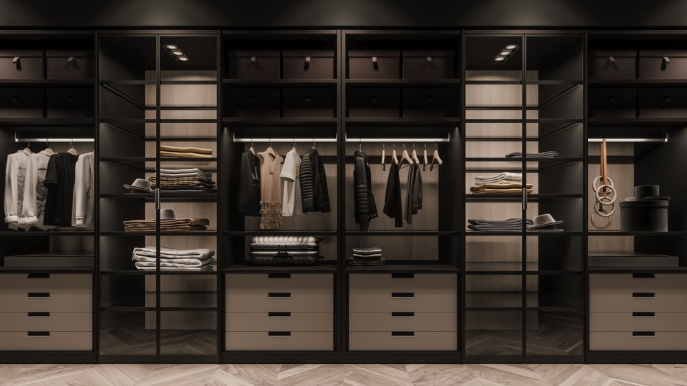 Wardrobe,Interior.,Large,Wardrobe,With,Different,Clothes.,Fashionable,Stylish,Clothes