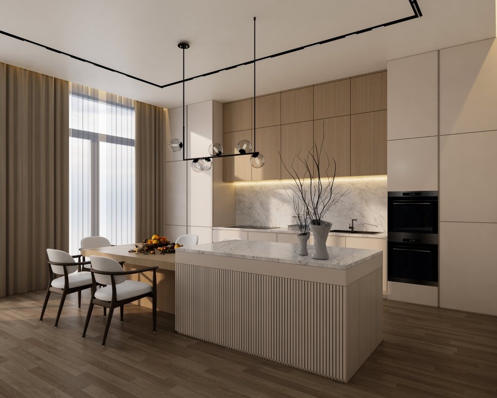 Minimal,White,Kitchen,,Marble,,Wooden,And,Dinning,Table,,3d,Illustration